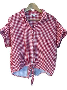 beachlunchlounge Cotton Cropped Tie Red and White Gingham Shirt Summer